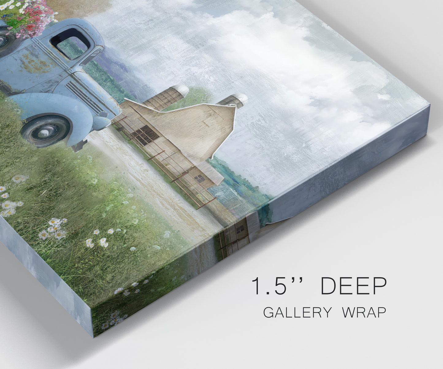 Close-up view of wrapped canvas corner featuring vintage blue truck with flower load.