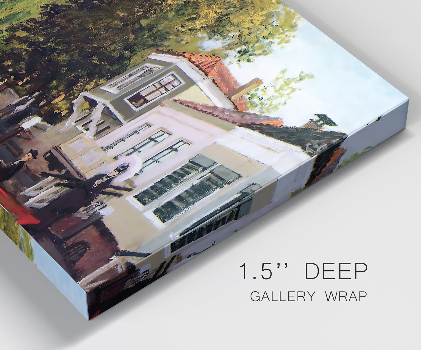 Close-up view of wrapped canvas corner featuring riverside houses along canal.