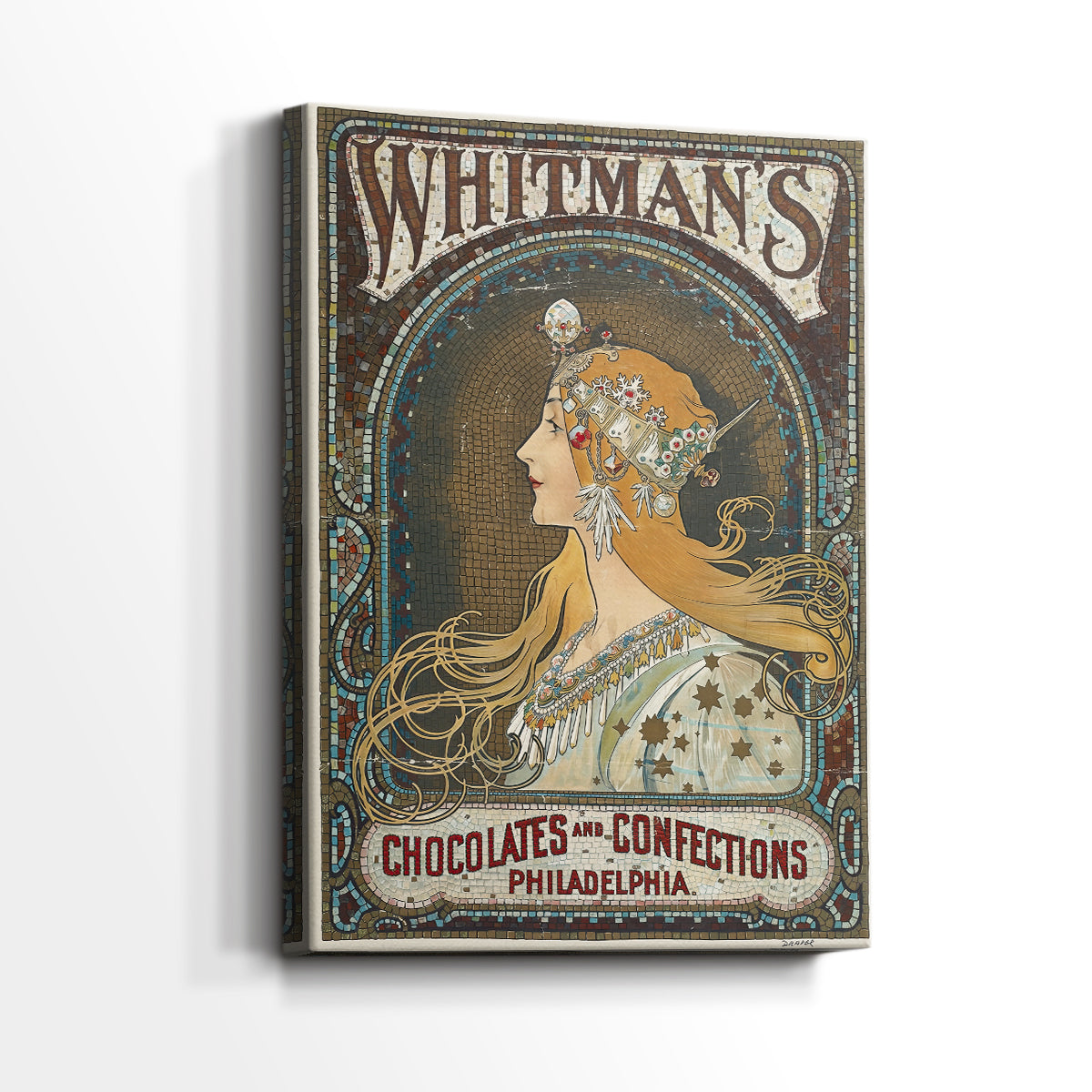 Side view of a canvas art print of a decorative poster with elegant lines and soft color palette, showing gallery-wrapped depth.
