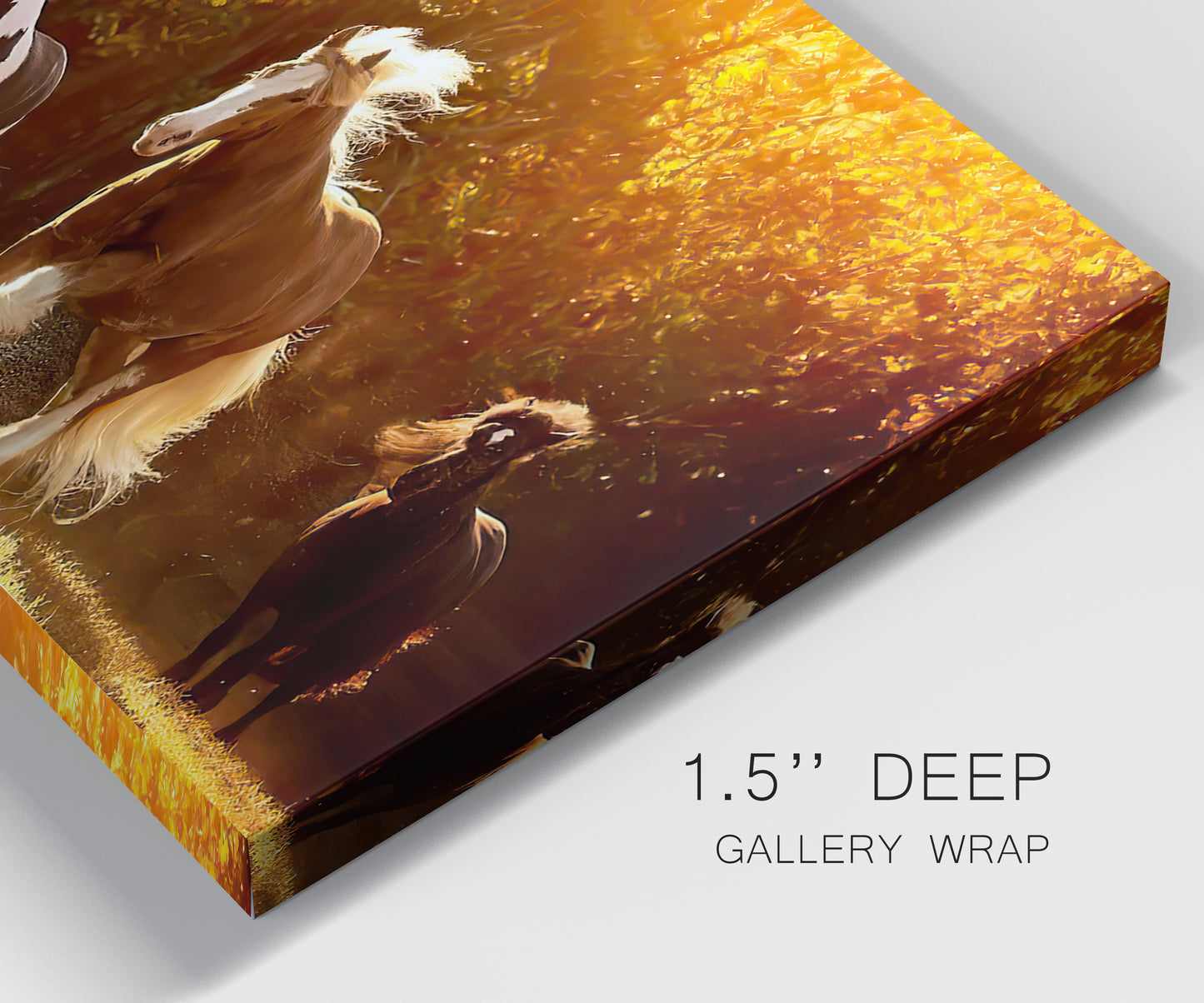 Close-up view of wrapped canvas corner featuring running horses across open field.