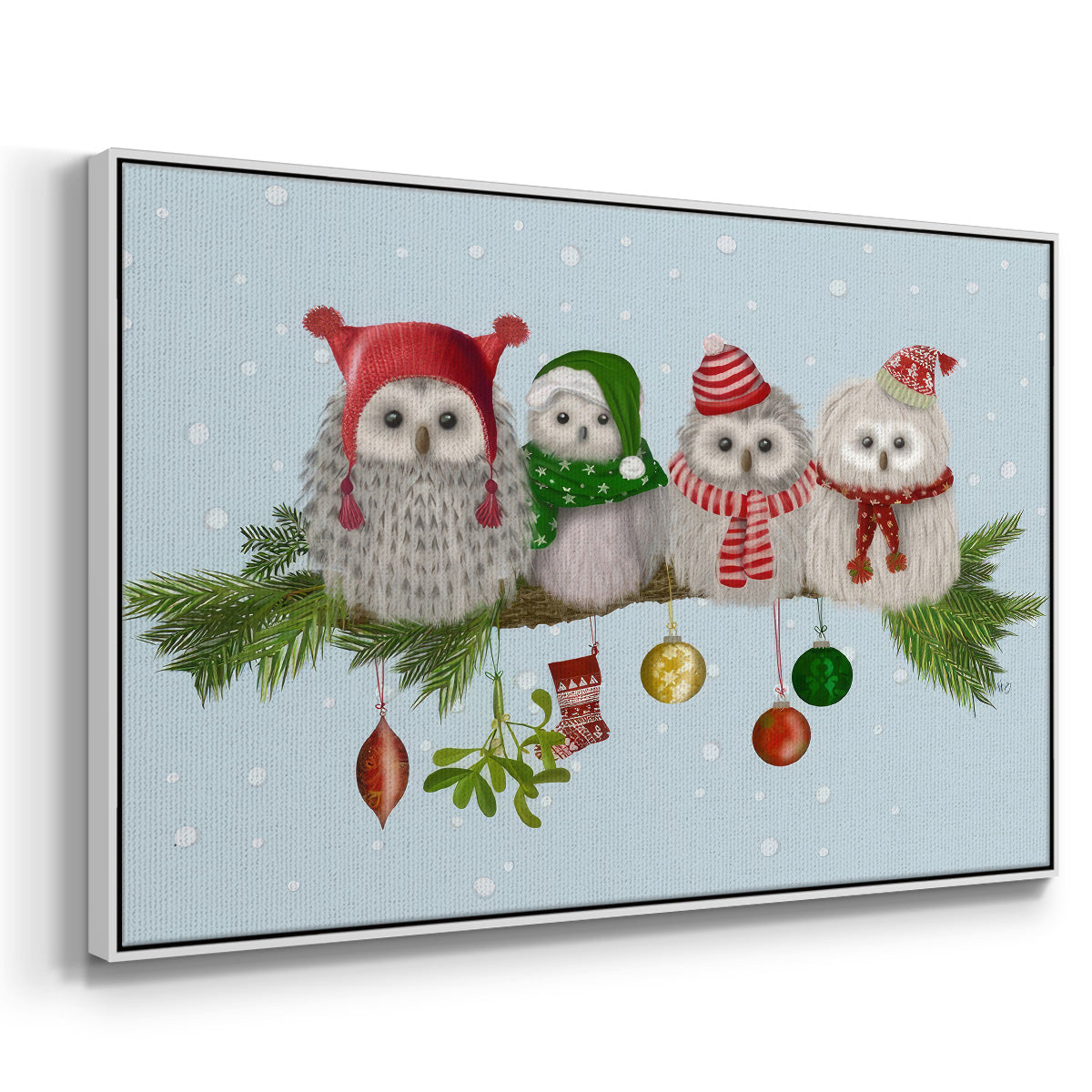 Christmas Fluffy Christmas Owls on Branch - Framed Gallery Wrapped Canvas in Floating Frame