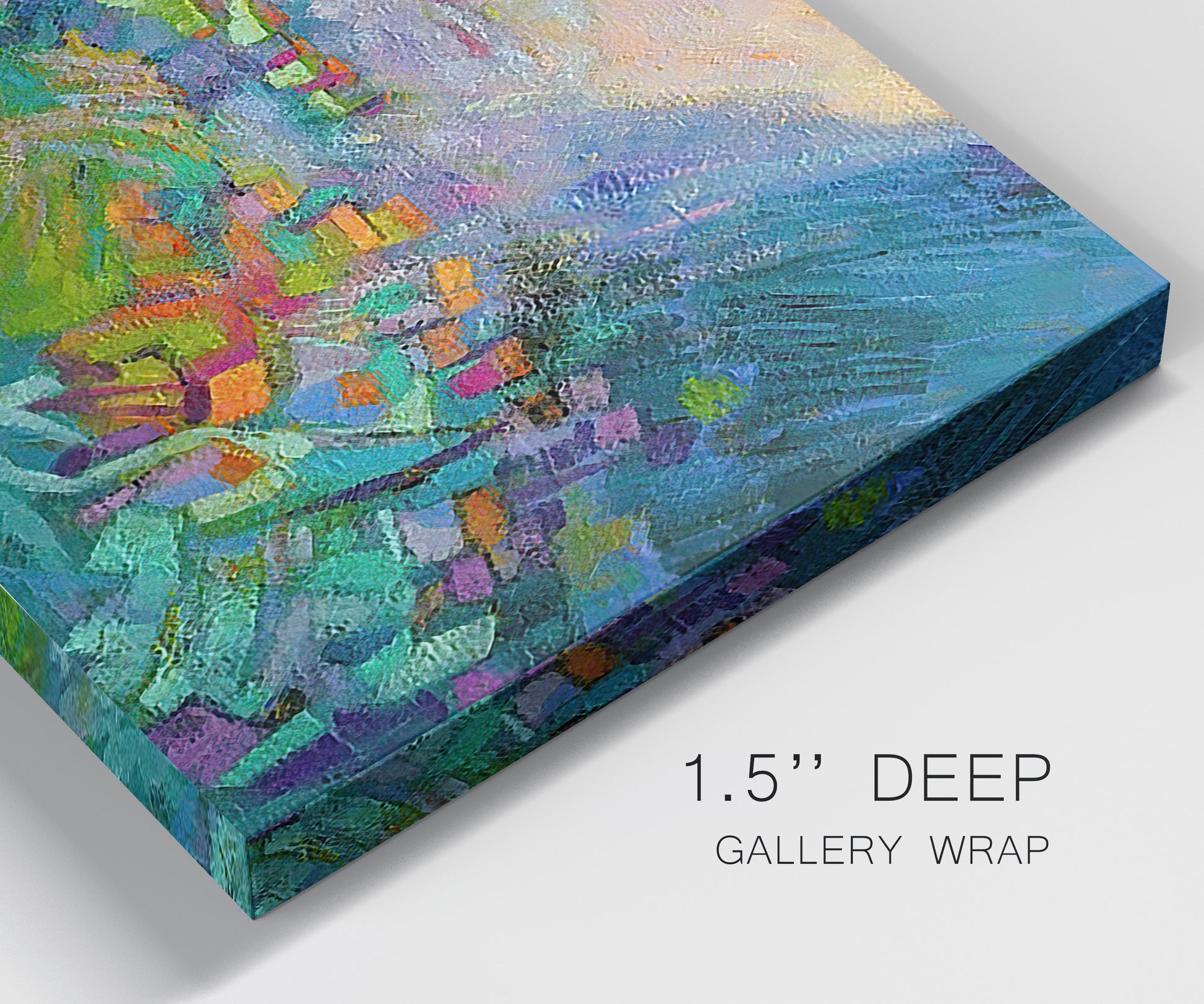 Close-up view of wrapped canvas corner featuring embracing landscape with warm tones.