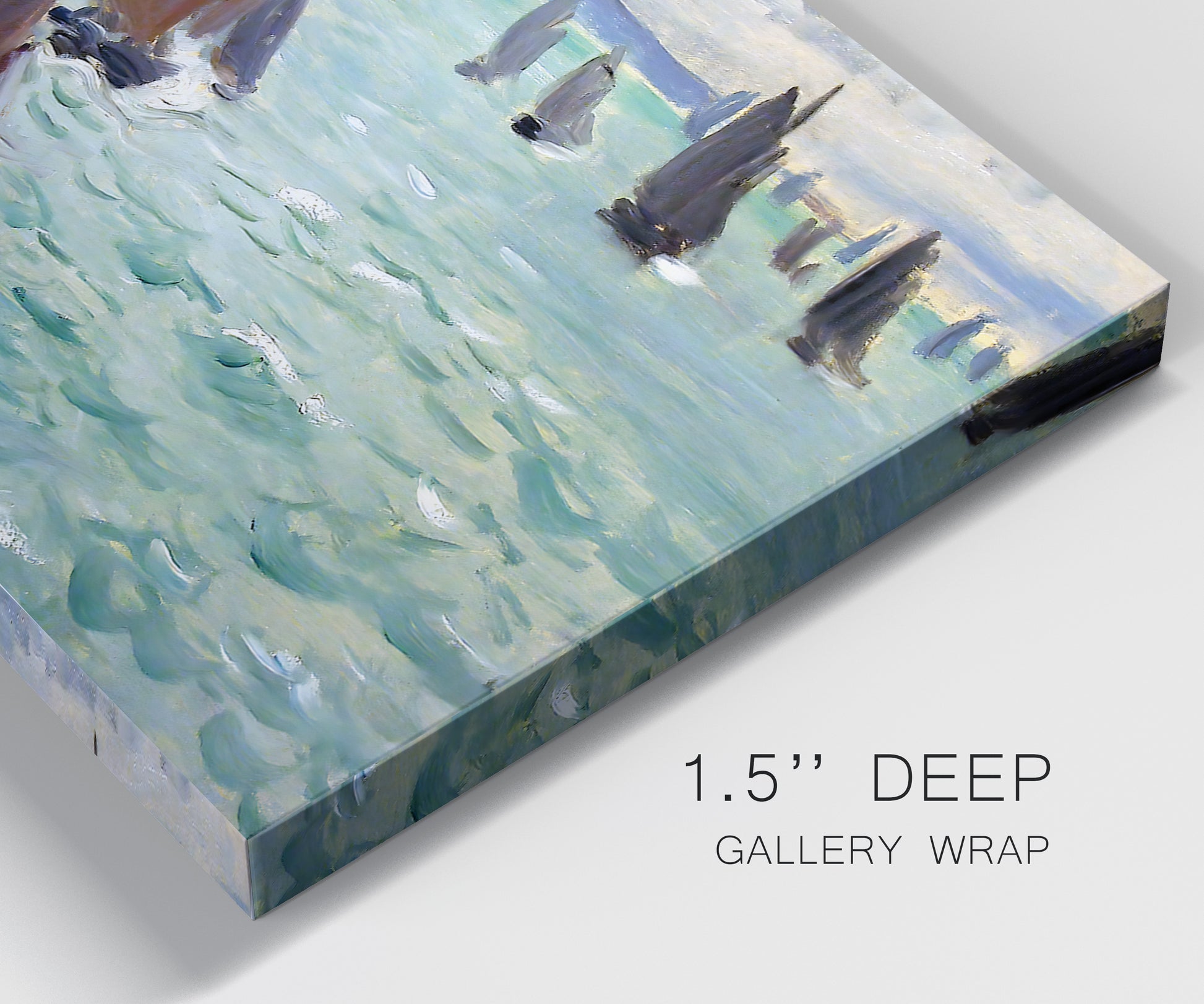 Close-up view of wrapped canvas corner featuring sailboat regatta near coastal village.