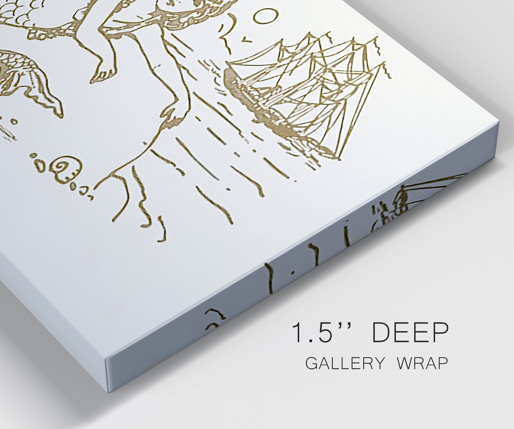 Close-up view of wrapped canvas corner featuring whimsical mermaid resting by sea.
