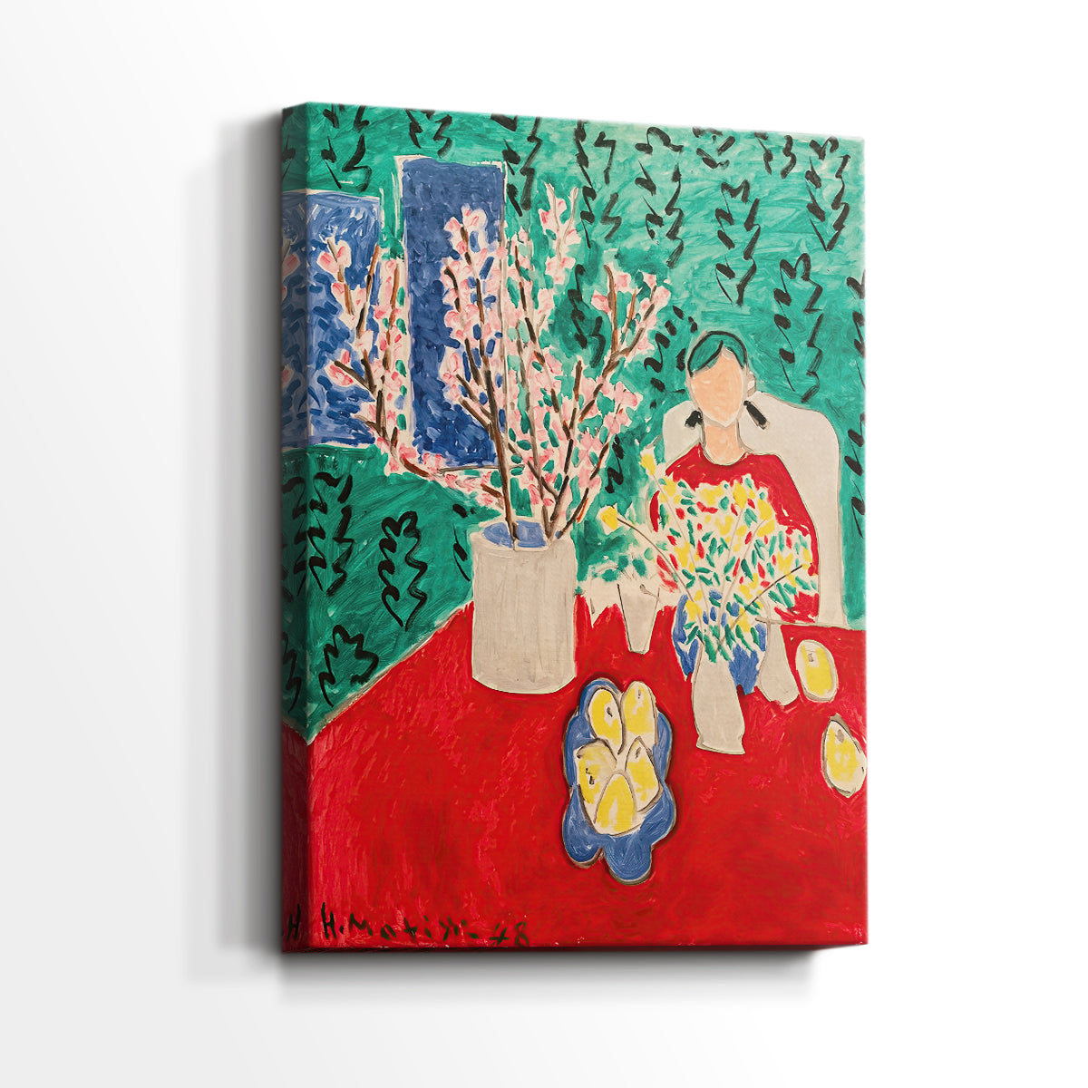 Side view of a canvas art print of a decorative arrangement with blossoms and flat color, showing gallery-wrapped depth.