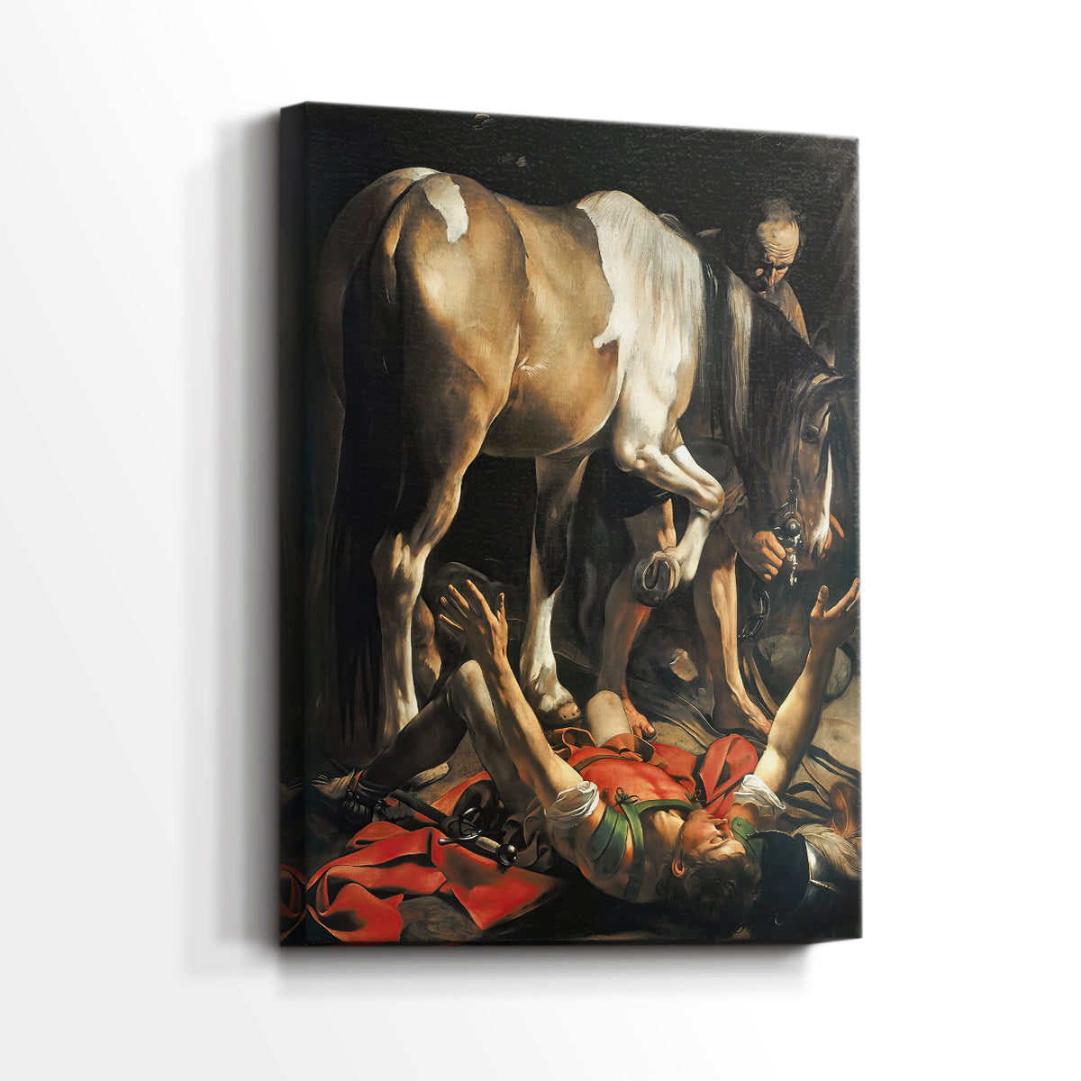 Side view of a canvas art print of a dramatic scene with a horse and figure illuminated in darkness, showing gallery-wrapped depth.