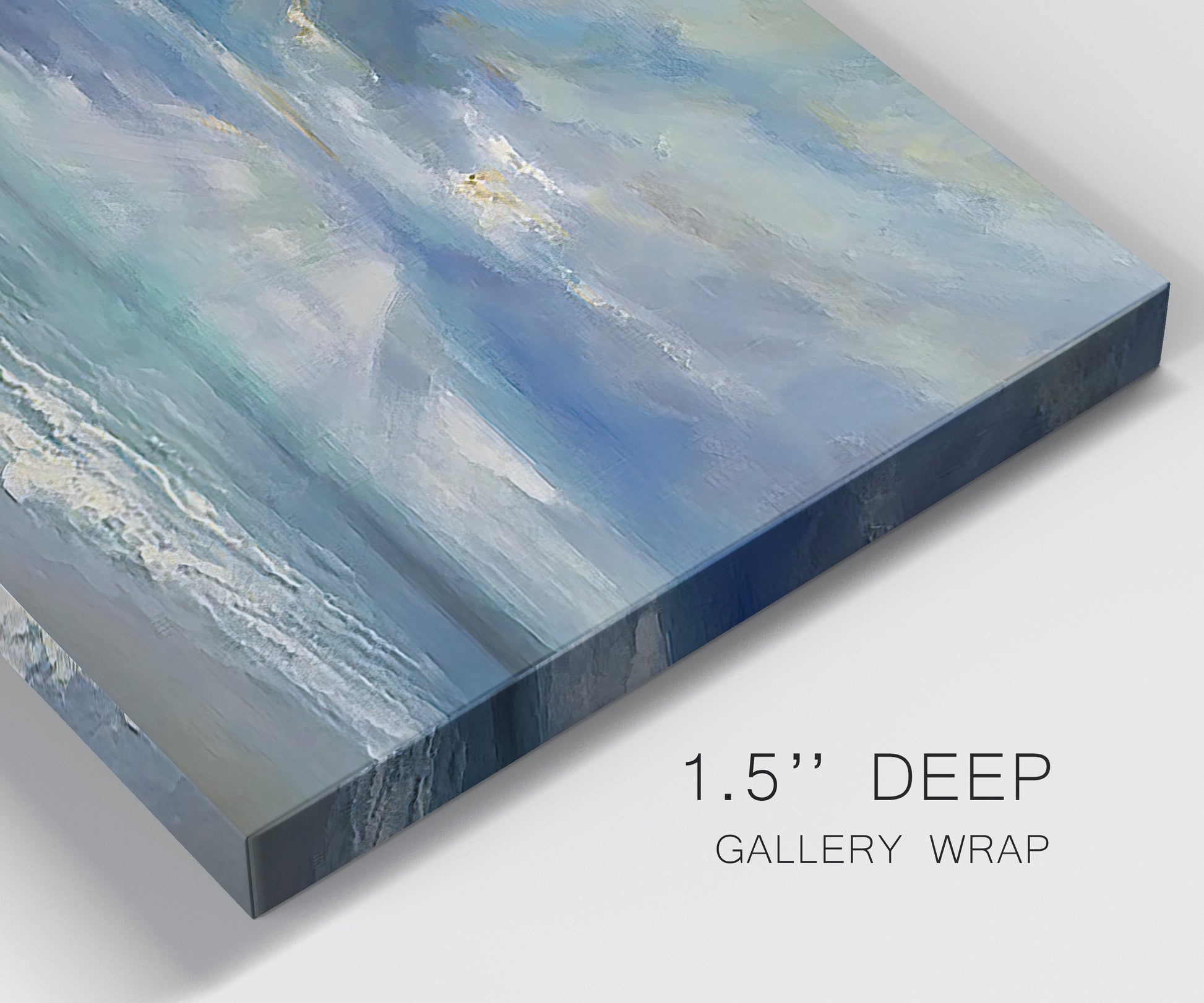 Close-up view of wrapped canvas corner featuring sunbeams breaking through coastal clouds.