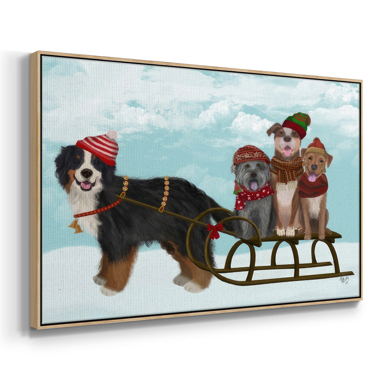 Christmas Mutt Sled - Floater Framed Canvas Print