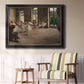 Early impressionist ballet rehearsal painting by Edgar Degas in an ornate black frame with gilded inner detail displayed in a light-toned interior setting.