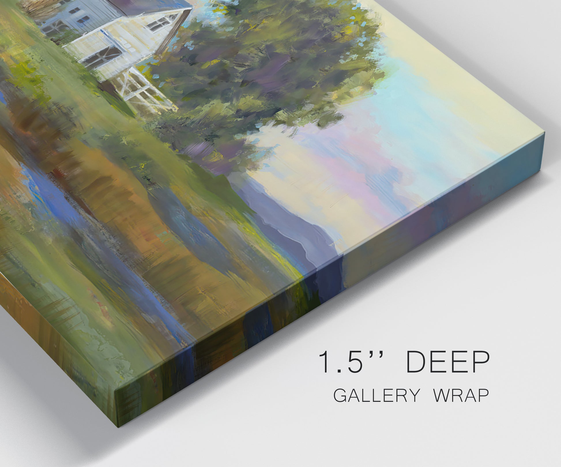 Close-up view of wrapped canvas corner featuring rural barn landscape with fields.