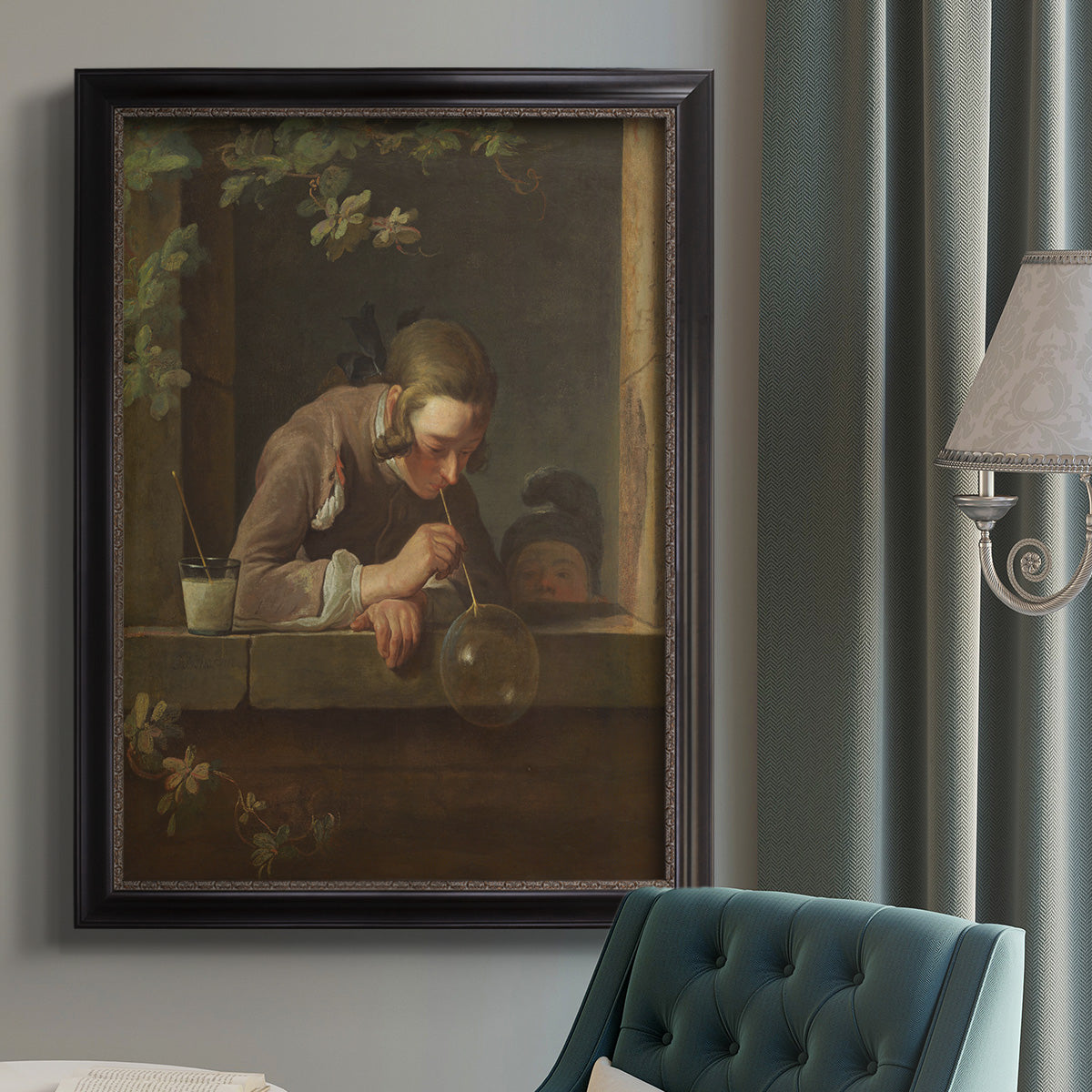 Classical genre painting of a child blowing soap bubbles by Jean-Siméon Chardin in an {frame_style_descriptor} displayed in a neutral interior setting.