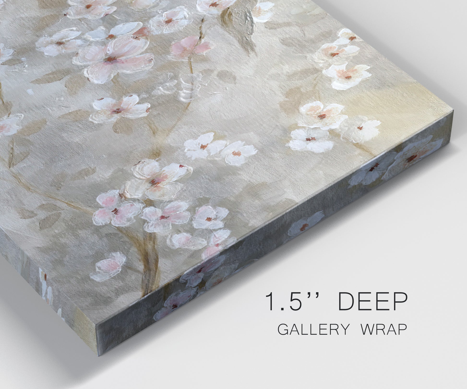 Close-up view of wrapped canvas corner featuring early spring blossoms in soft tones.