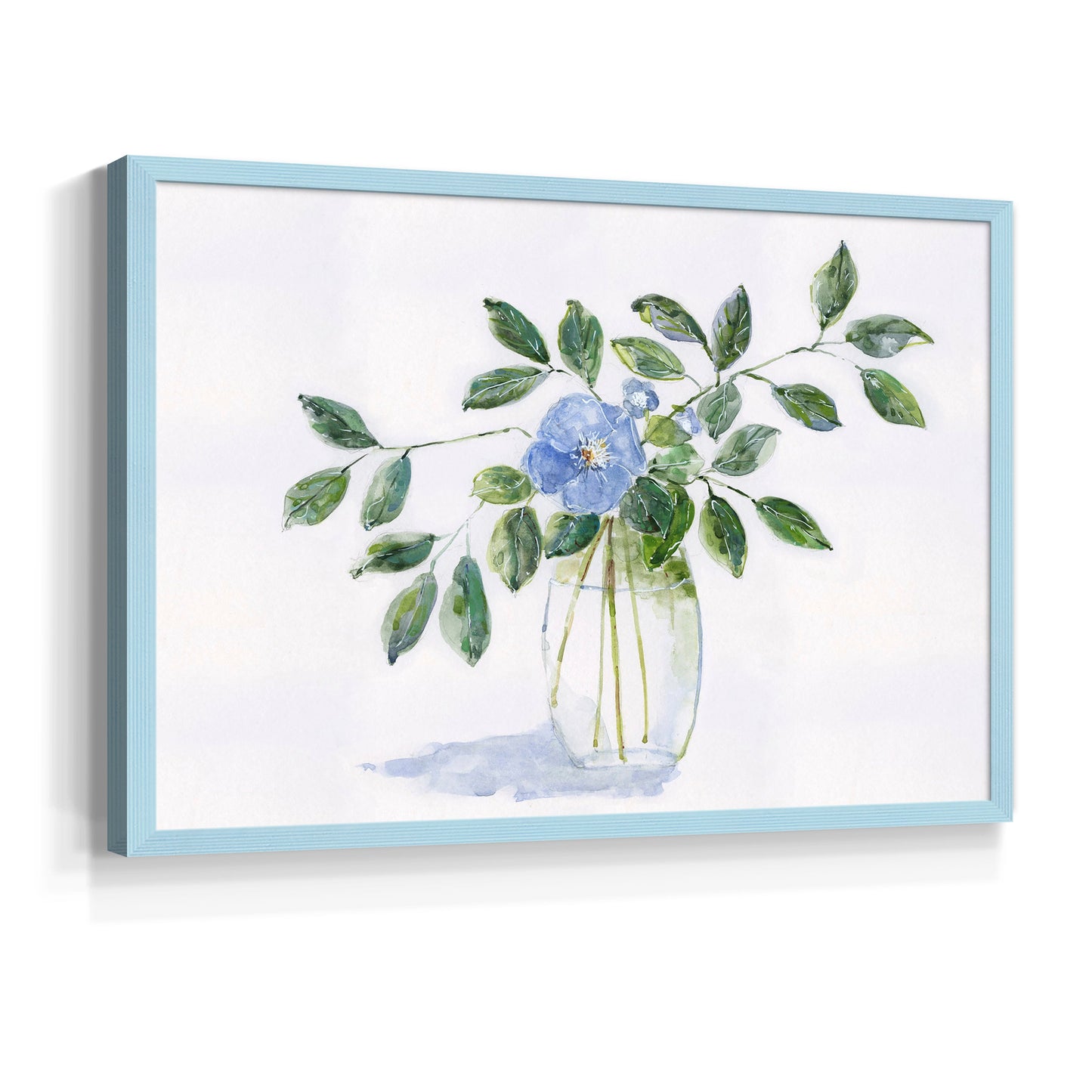 45308,watercolor,painting,flower,blue flower,green leaves,glass vase,nature art,interior decor,botanical art,floral,contemporary art,still life,home decor,tranquil,wall art,visual art,creative,handmade,craft,aesthetic,design,artist,beauty,calming,elegant,traditional,exhibition,soft colors,natural elements,craftsmanship,decor,floral arrangement,artwork,leaf,simplicity,Re-stickable,Plants & Flowers