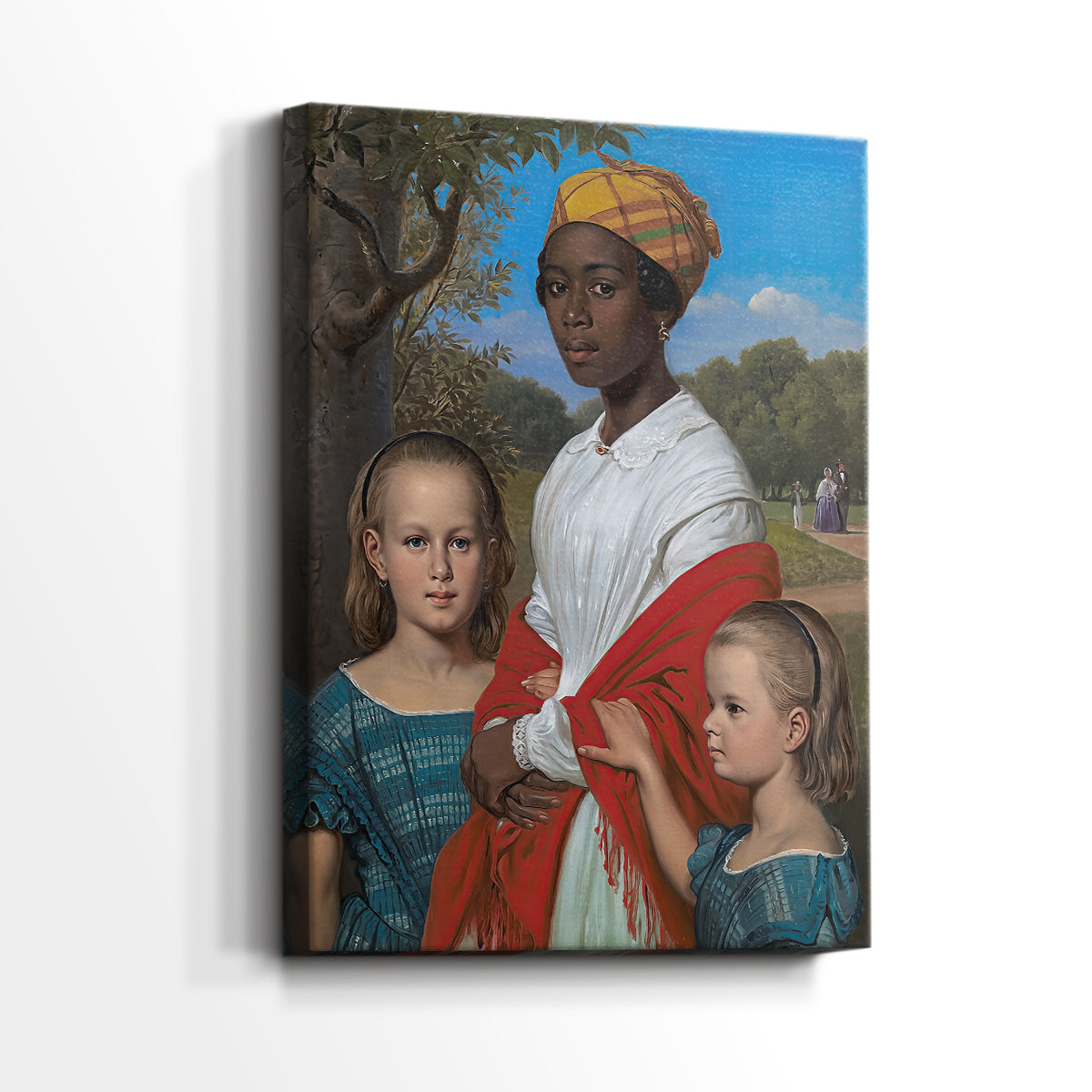 Side view of a canvas art print of a composed image with multiple figures and gentle tones, showing gallery-wrapped depth.