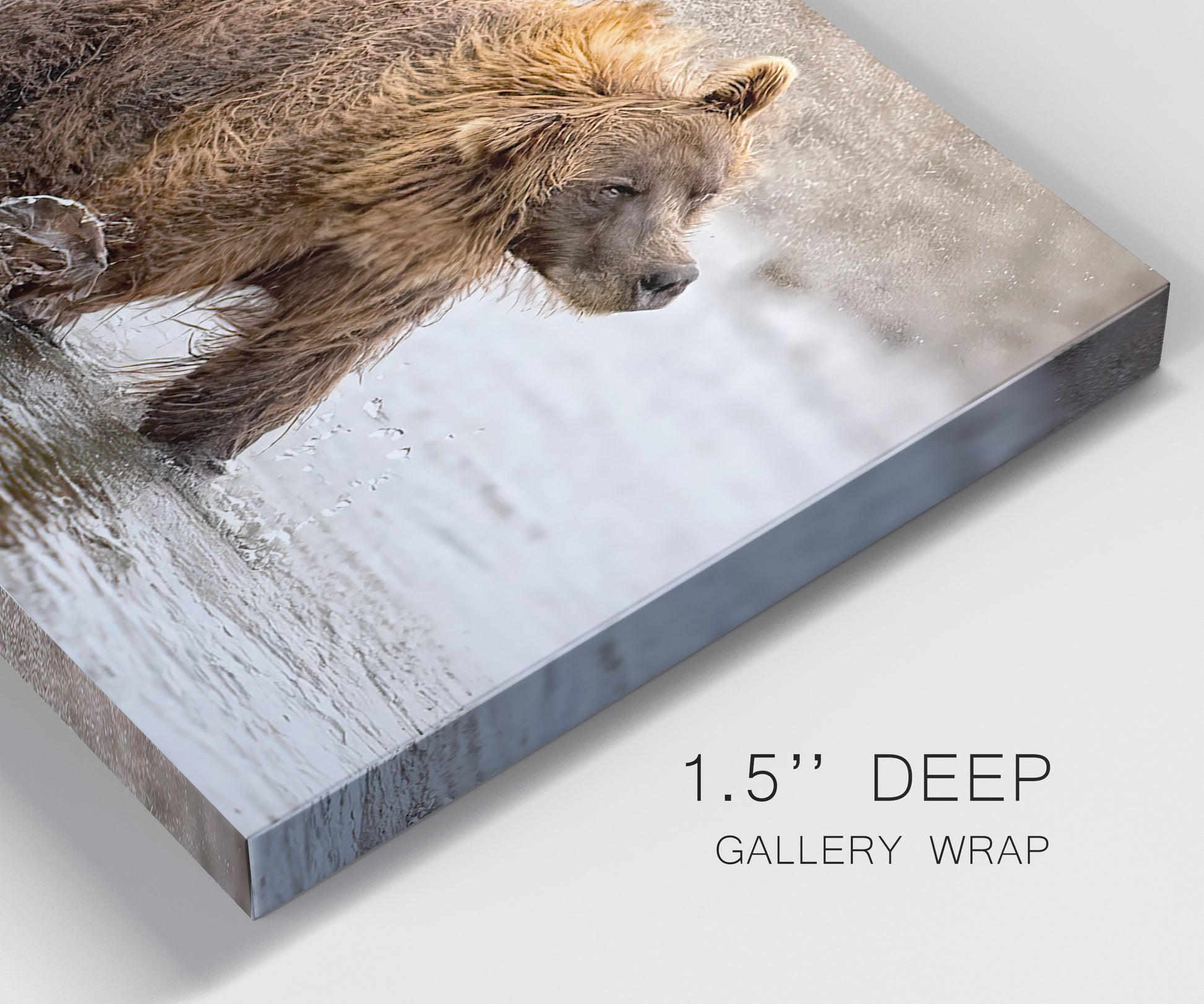 Close-up view of wrapped canvas corner featuring wildlife photography animal portrait.