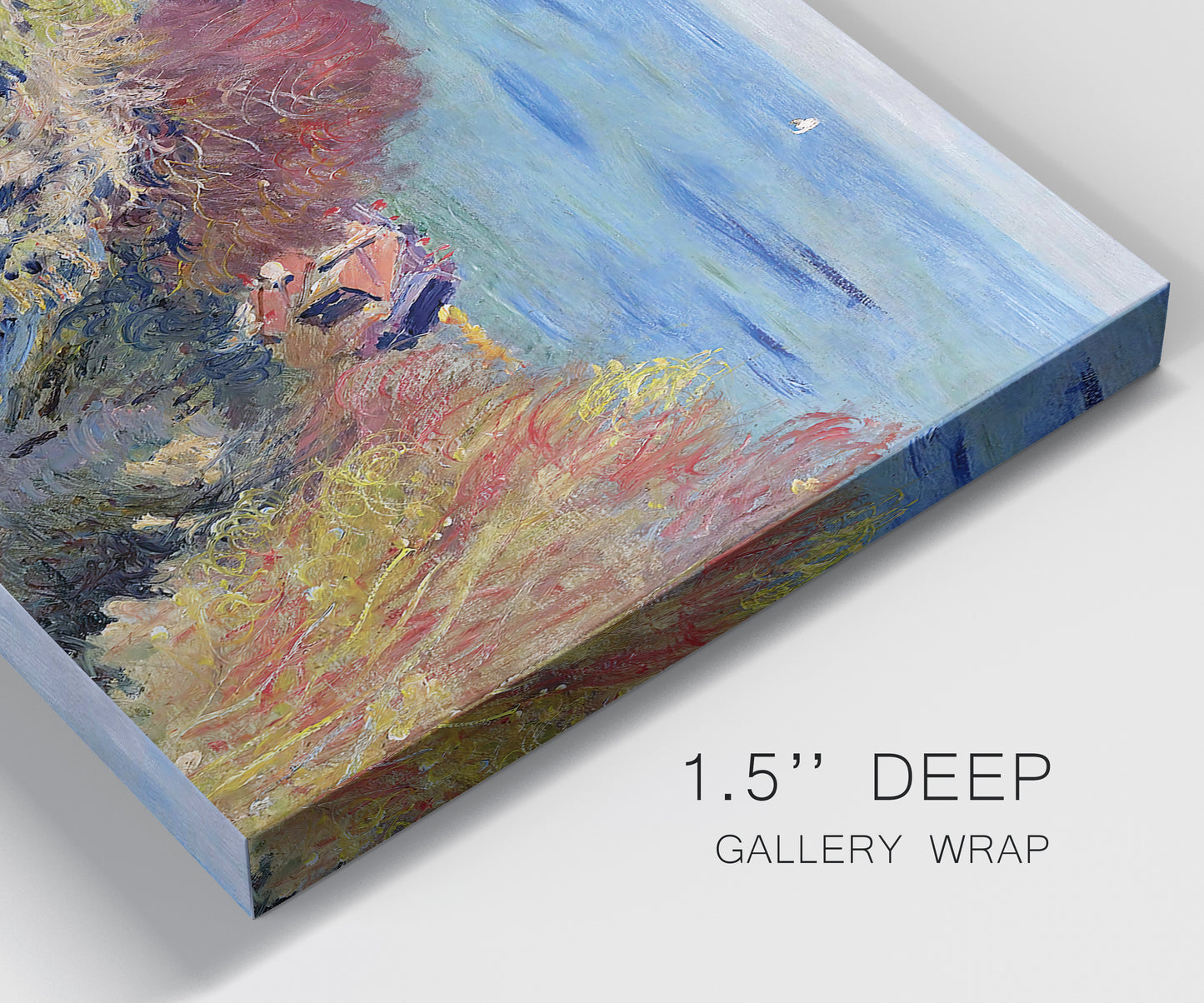 Close-up view of wrapped canvas corner featuring coastal village shoreline landscape.