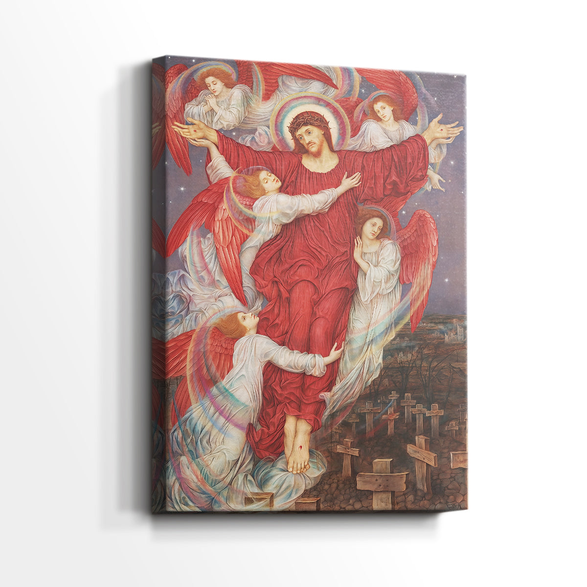 Side view of a canvas art print of a spiritual allegory with contrasting tones and figures, showing gallery-wrapped depth.
