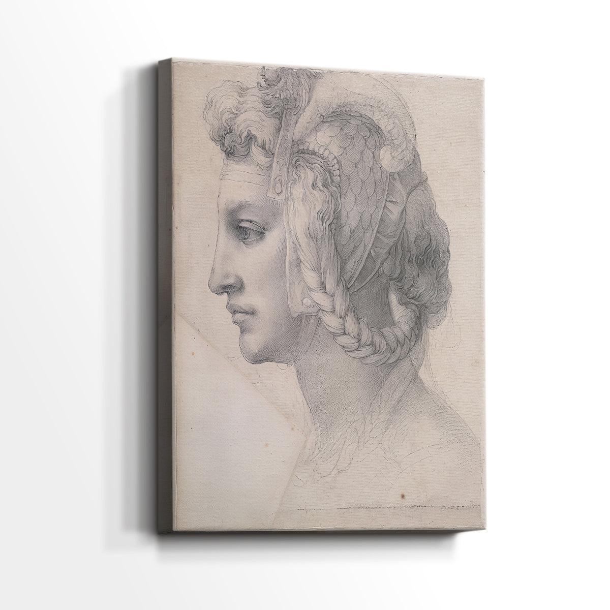 Side view of a canvas art print of a delicate sketch focusing on facial structure and detail, showing gallery-wrapped depth.