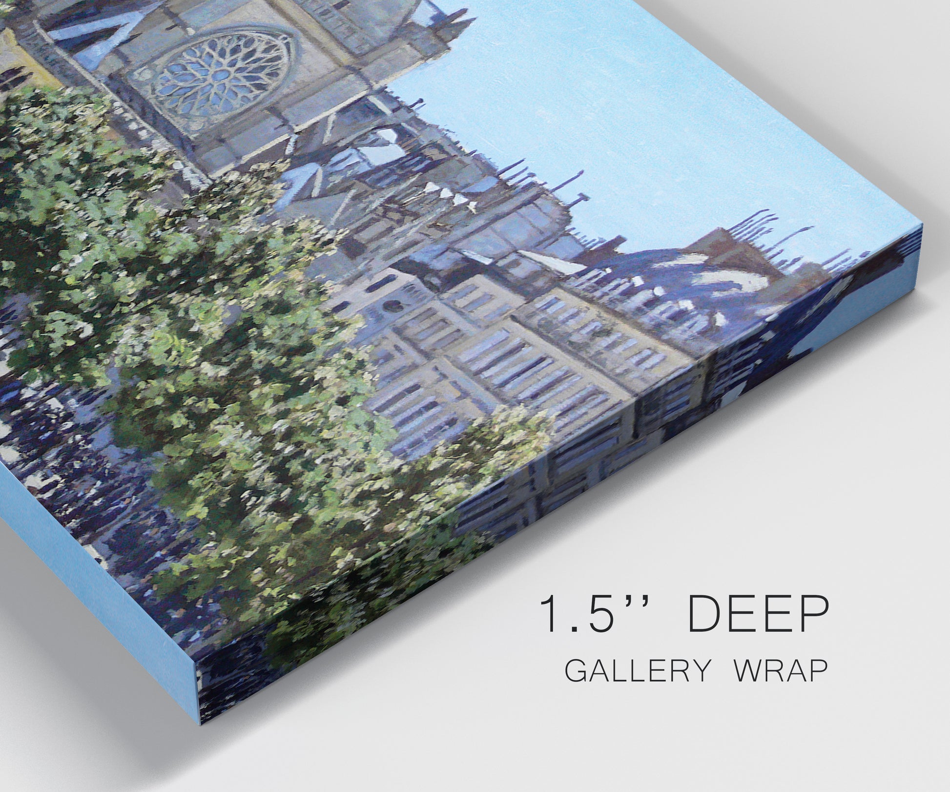 Close-up view of wrapped canvas corner featuring gothic church within city setting.