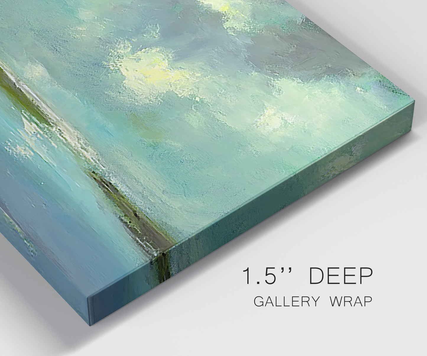 Close-up view of wrapped canvas corner featuring still lagoon water beneath open sky.