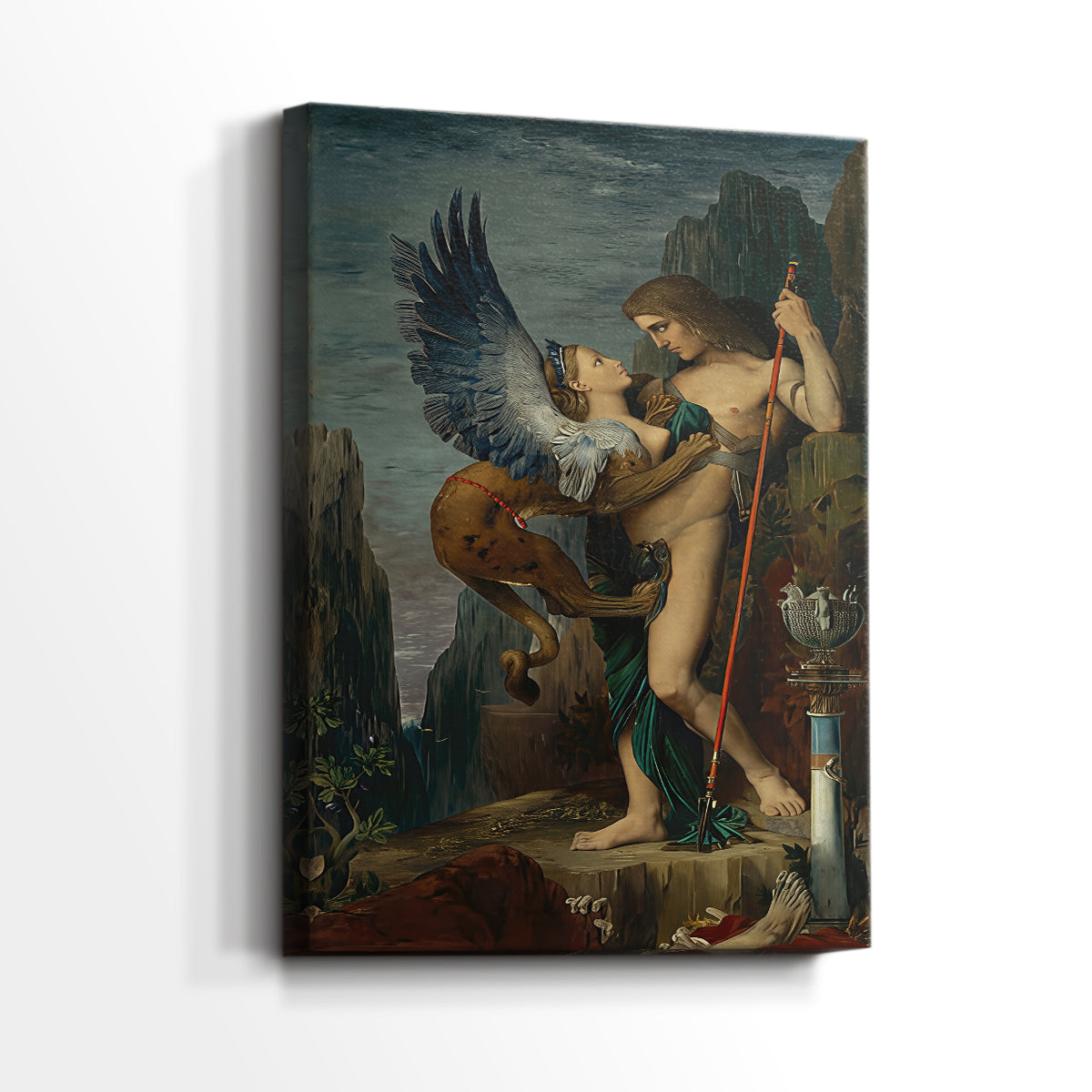 Side view of a canvas art print of a narrative scene with tension and detailed forms, showing gallery-wrapped depth.