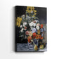 Side view of a canvas art print of a floral still life with soft brushwork and natural tones, showing gallery-wrapped depth.