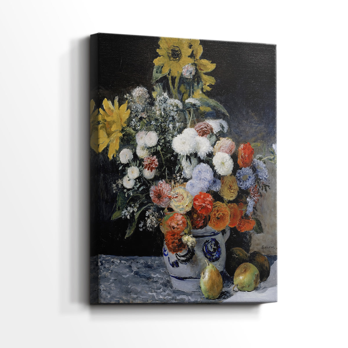 Side view of a canvas art print of a floral still life with soft brushwork and natural tones, showing gallery-wrapped depth.
