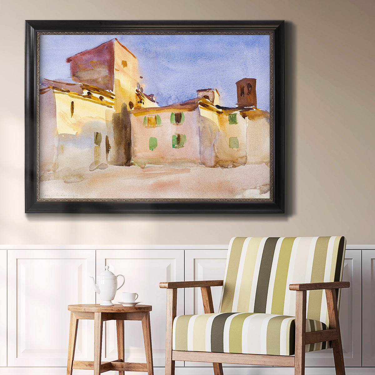 Impressionist Italian village scene by John Singer Sargent in an ornate black frame with gilded inner detail displayed in a light-toned interior setting.