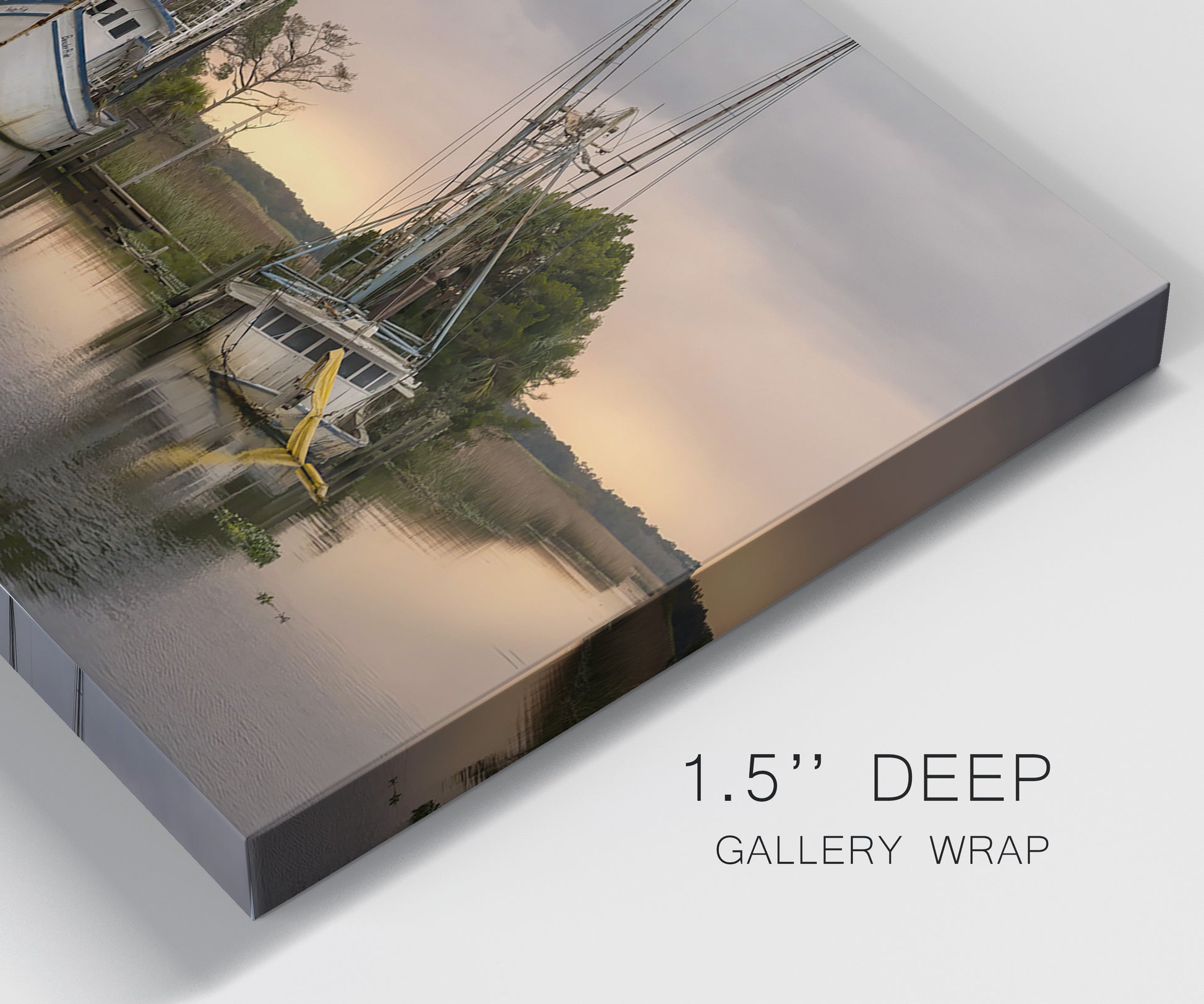 Close-up view of wrapped canvas corner featuring fishing trawlers on working harbor.