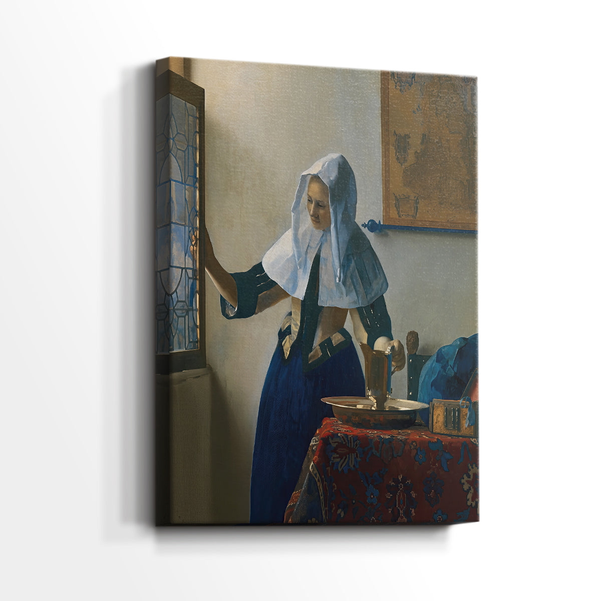 Side view of a canvas art print of a refined figure with gentle gesture and subtle detail, showing gallery-wrapped depth.