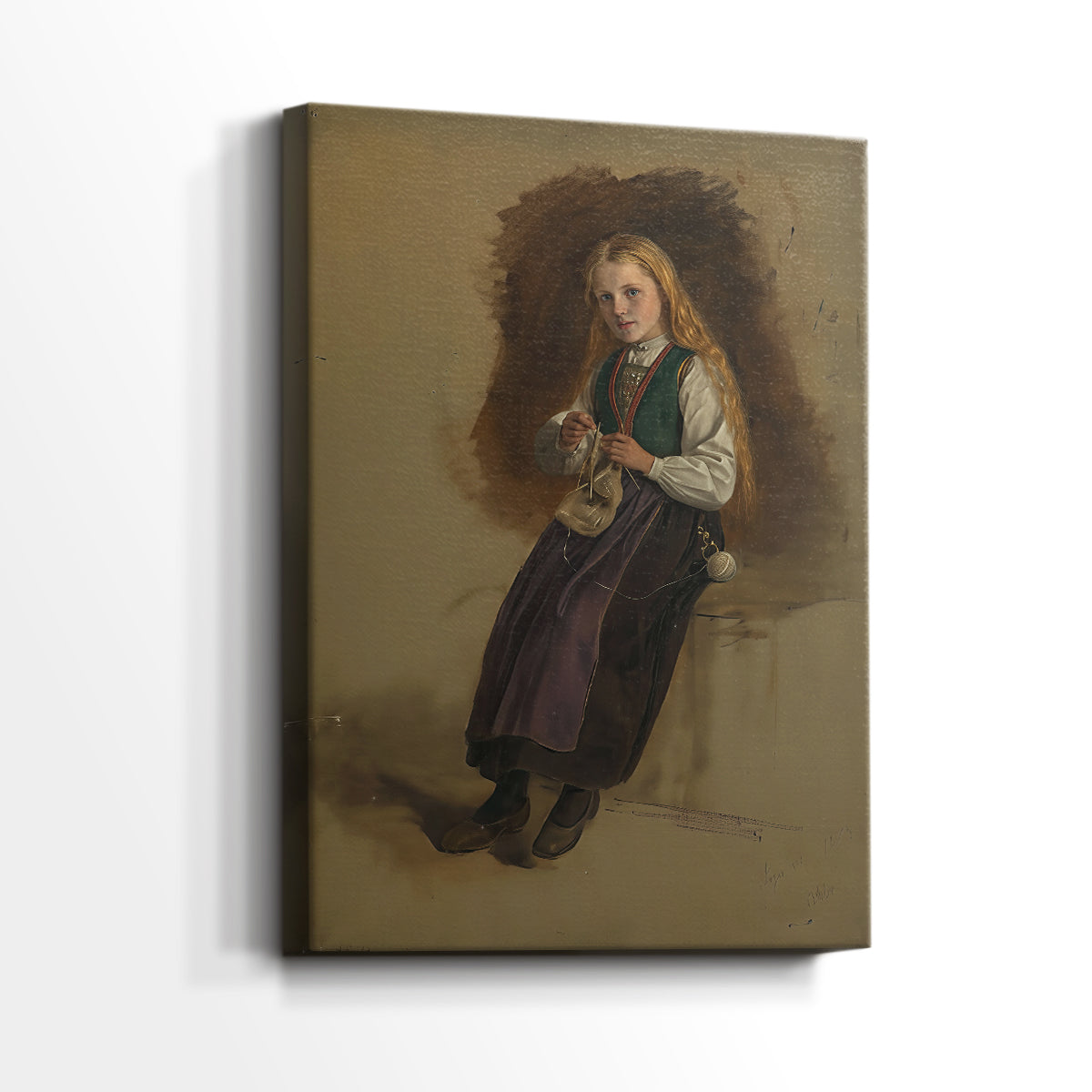 Side view of a canvas art print of a Scandinavian portrait of a woman in traditional clothing with warm subdued tones, showing gallery-wrapped depth.