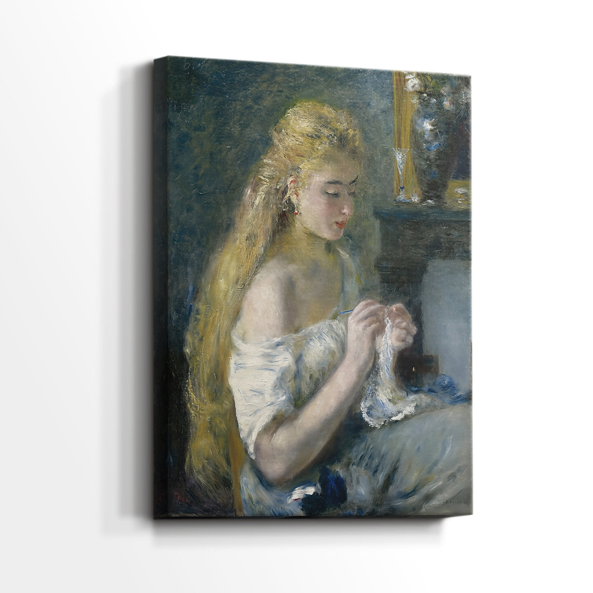 Side view of a canvas art print of a calm domestic scene with gentle brushwork and muted tones, showing gallery-wrapped depth.