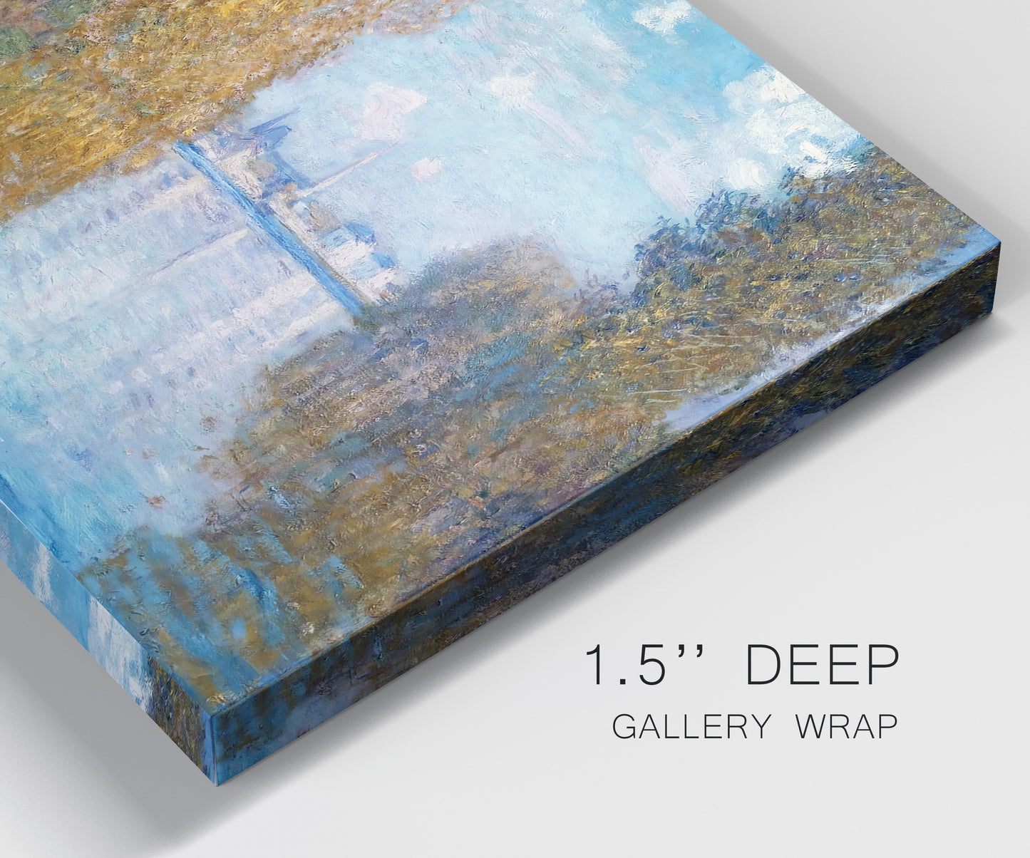 Close-up view of wrapped canvas corner featuring autumn landscape with glowing foliage.
