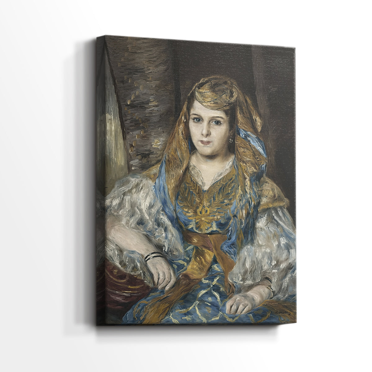 Side view of a canvas art print of a stylized portrait with exotic attire and soft brushwork, showing gallery-wrapped depth.
