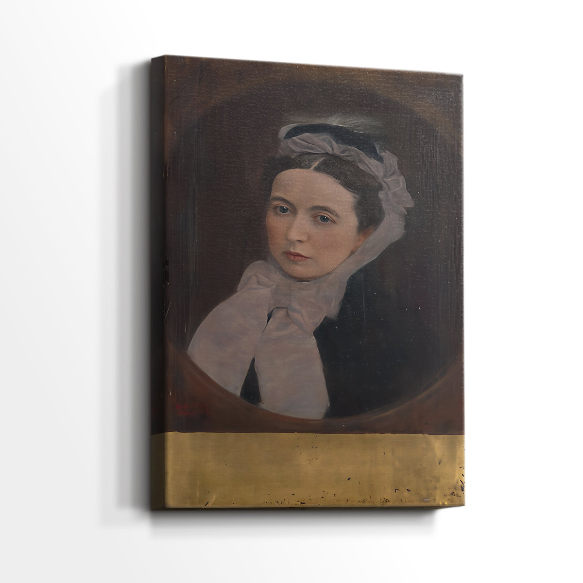 Side view of a canvas art print of a refined portrait with subtle color and smooth texture, showing gallery-wrapped depth.