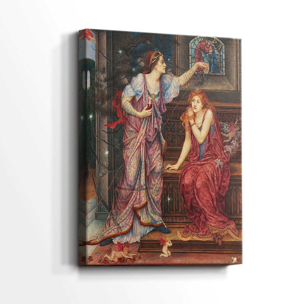 Side view of a canvas art print of a dramatic encounter between two women in vivid color, showing gallery-wrapped depth.