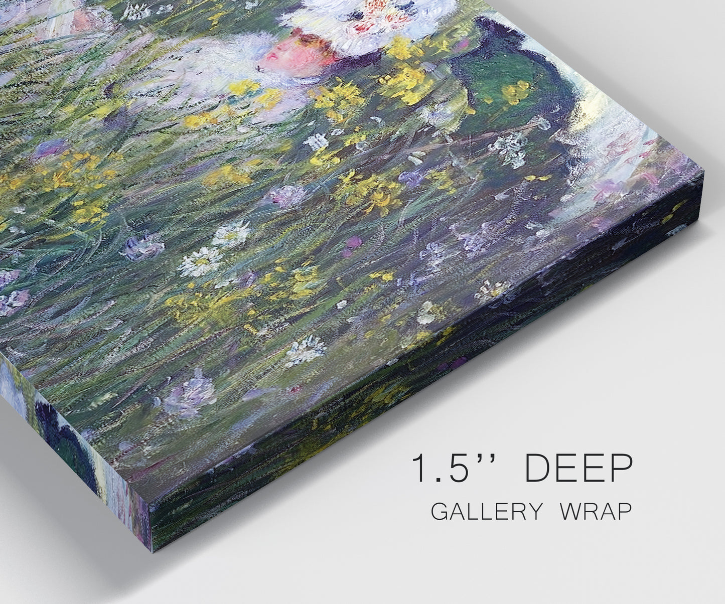 Close-up view of wrapped canvas corner featuring woman walking with parasol.