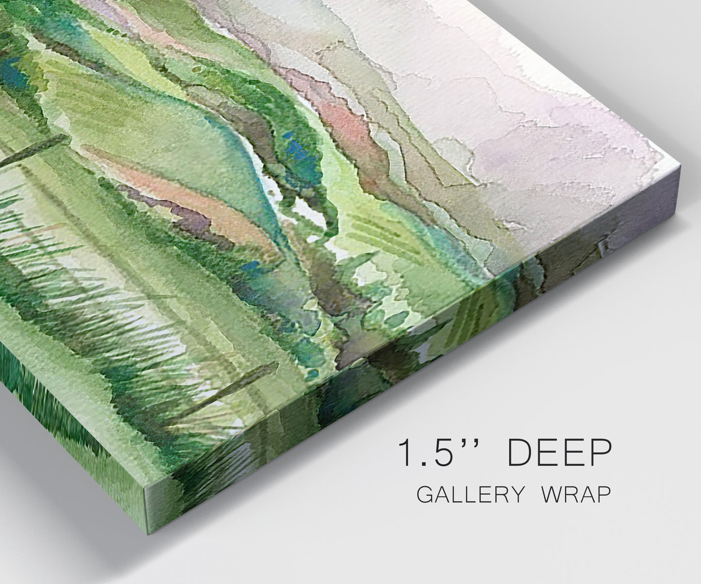 Close-up view of wrapped canvas corner featuring rainy landscape with soft atmosphere.