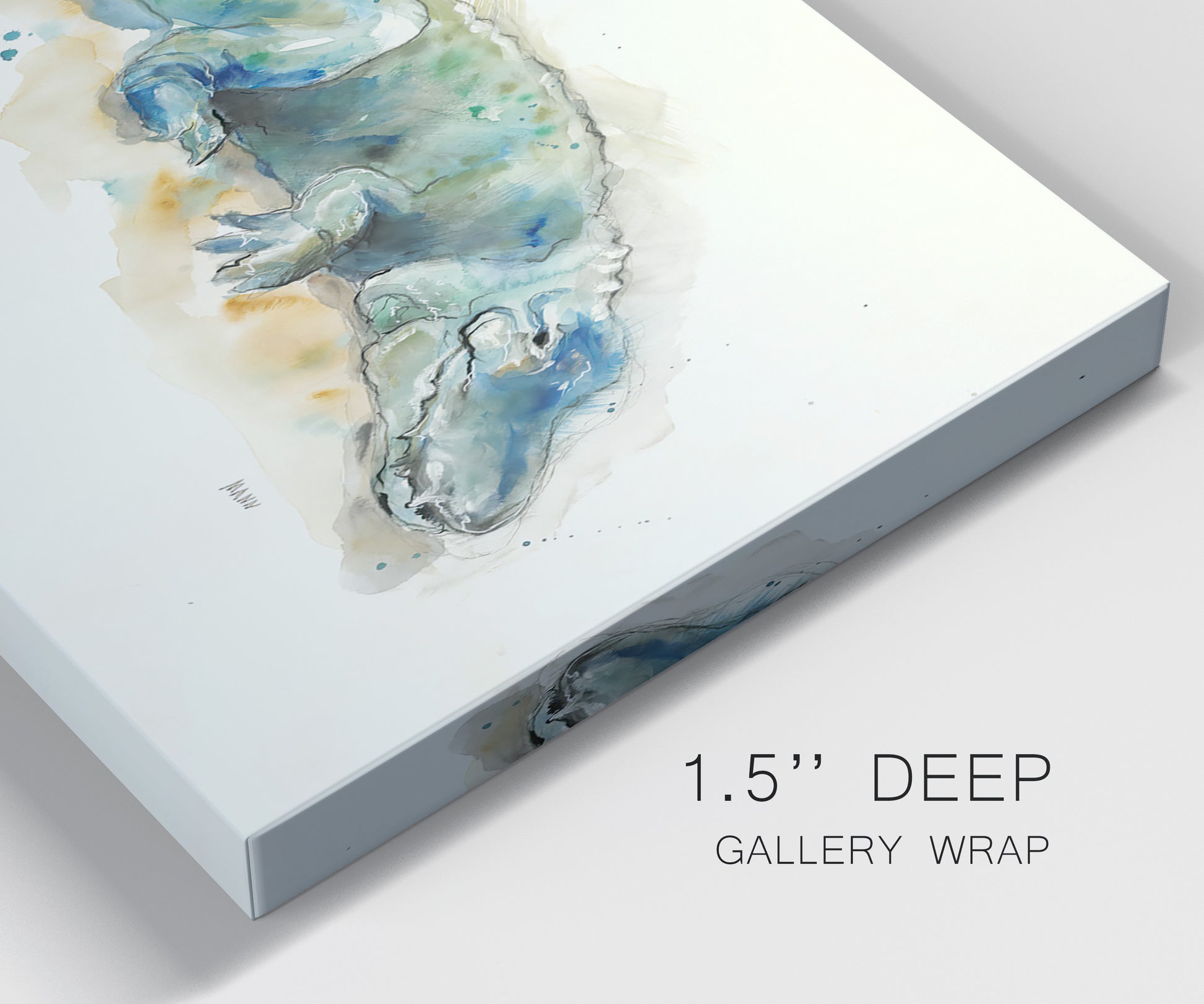 Close-up view of wrapped canvas corner featuring alligator illustrated wildlife portrait.