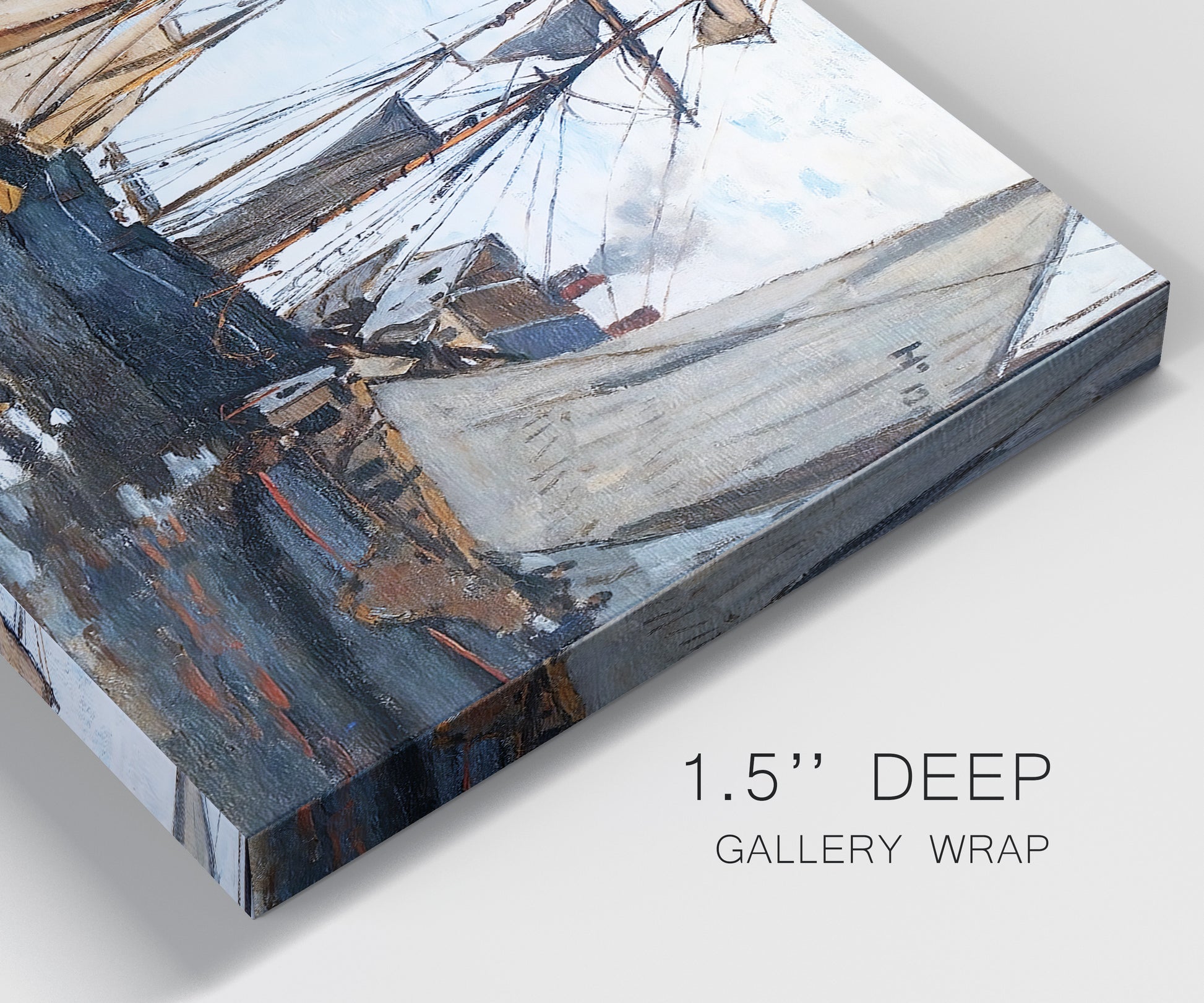 Close-up view of wrapped canvas corner featuring fishing boats navigating open water.