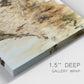 Close-up view of wrapped canvas corner featuring muted abstract with metallic gold accents.