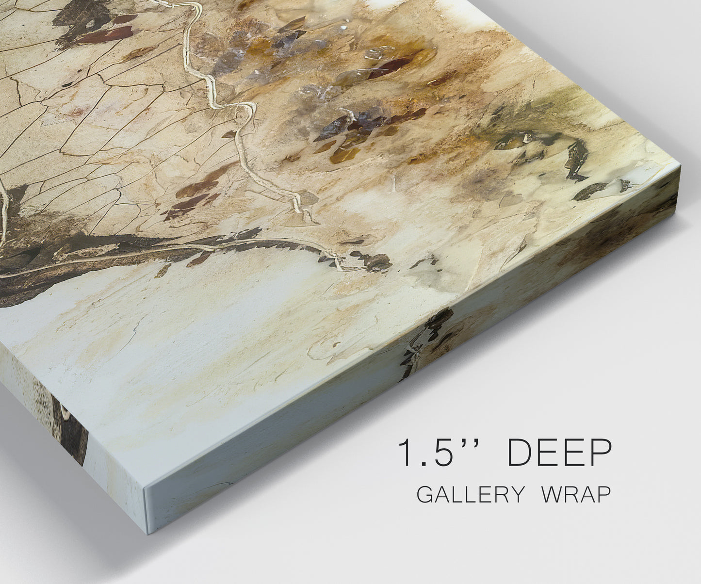 Close-up view of wrapped canvas corner featuring muted abstract with metallic gold accents.