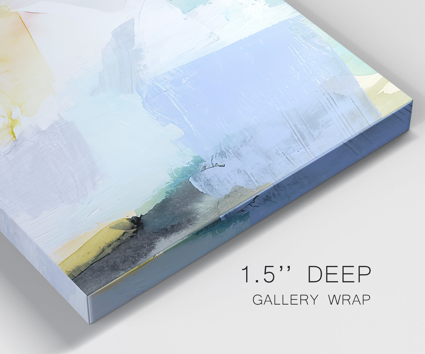 Close-up view of wrapped canvas corner featuring soft abstract spring watercolor tones.