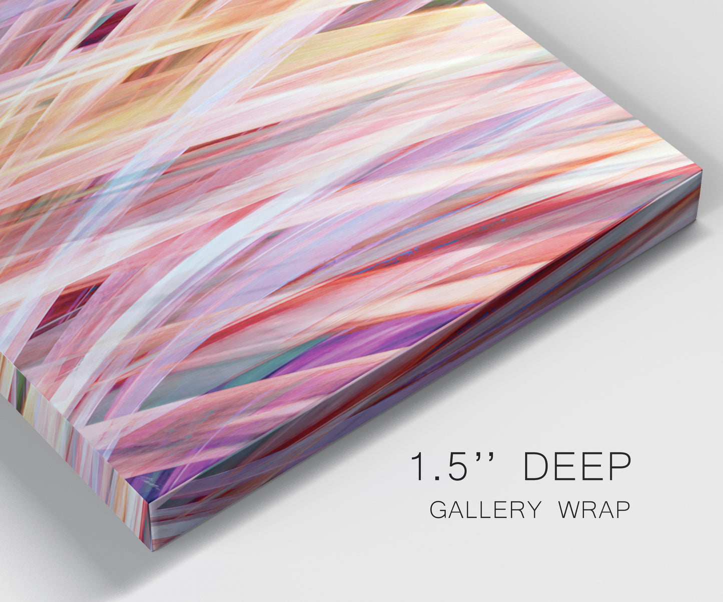 Close-up view of wrapped canvas corner featuring layered modern abstract color ribbons.
