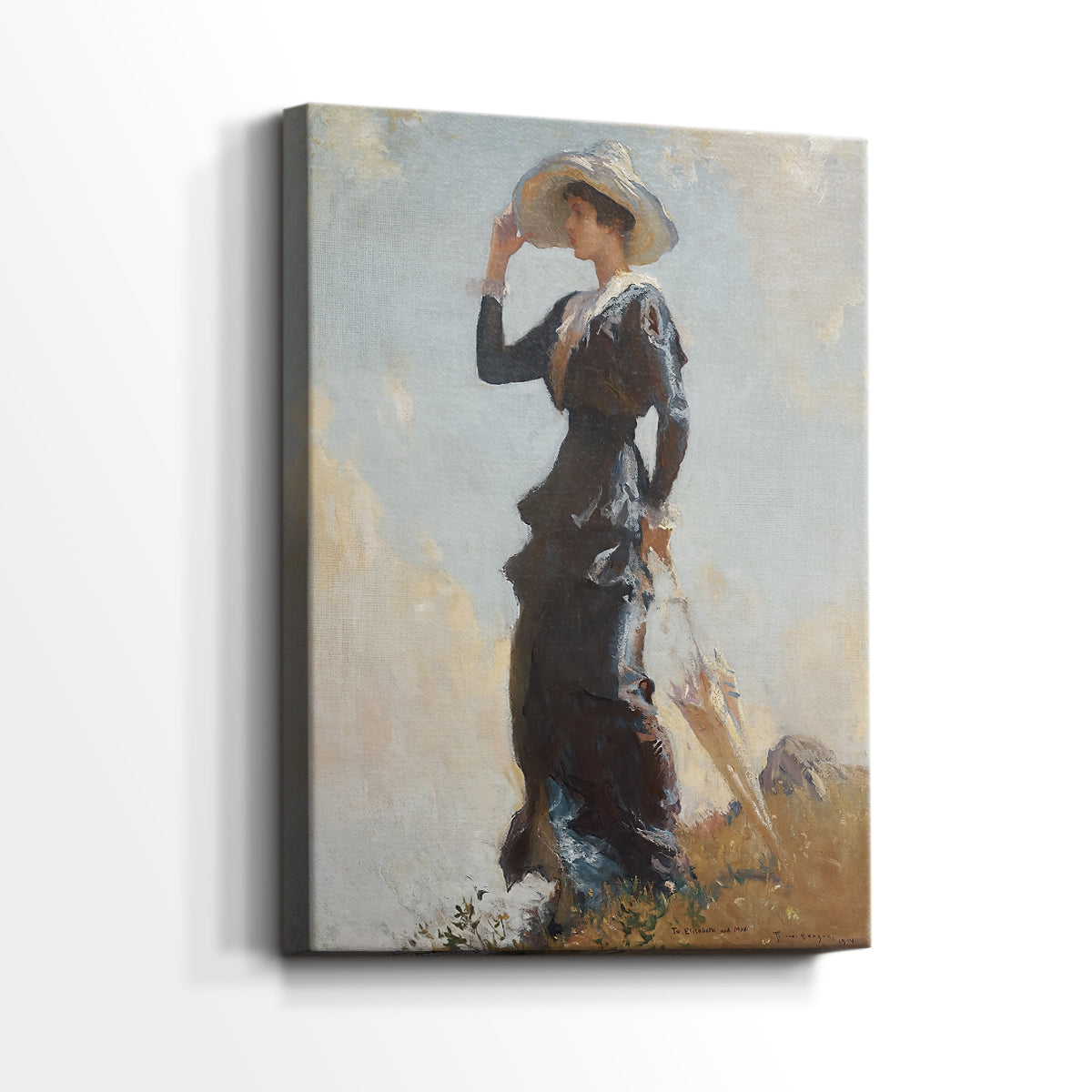 Side view of a canvas art print of a calm outdoor scene with gentle tones and open space, showing gallery-wrapped depth.
