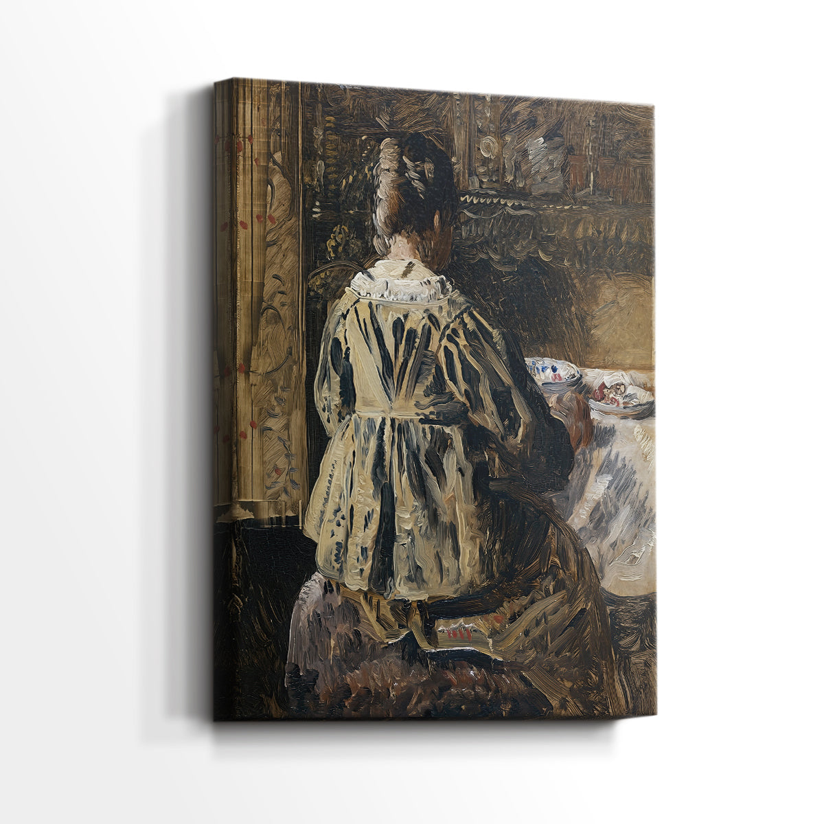 Side view of a canvas art print of a calm composition with seated figures and soft tones, showing gallery-wrapped depth.