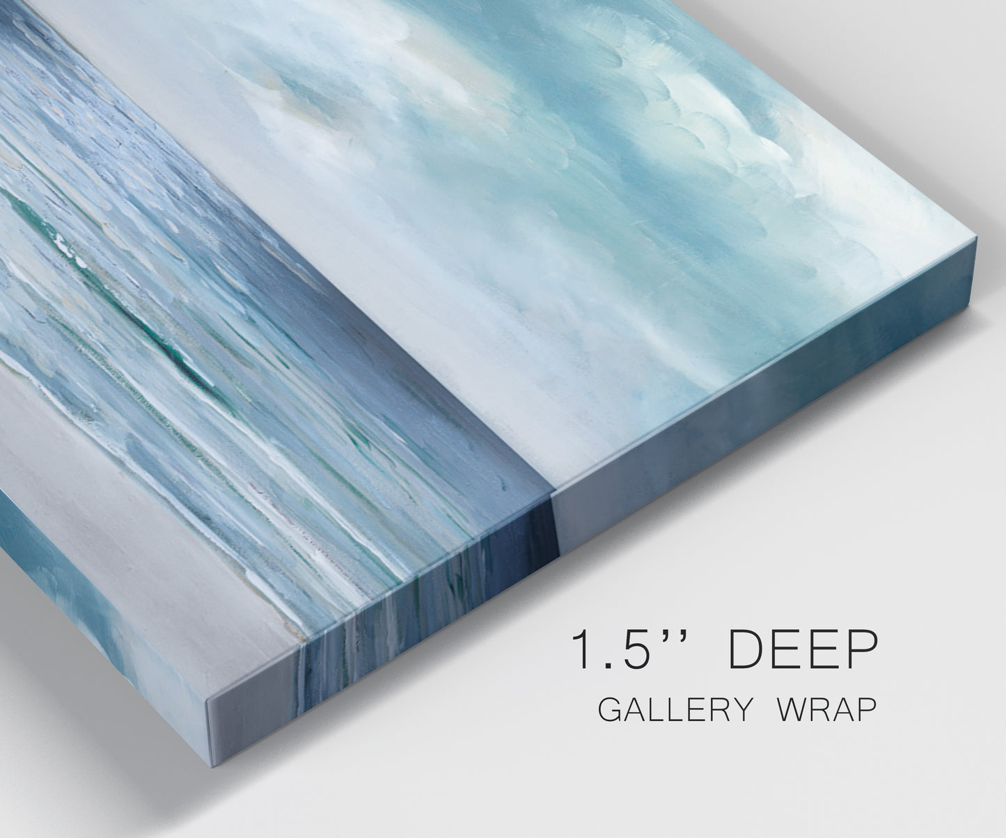 Close-up view of wrapped canvas corner featuring calm coastal shoreline.