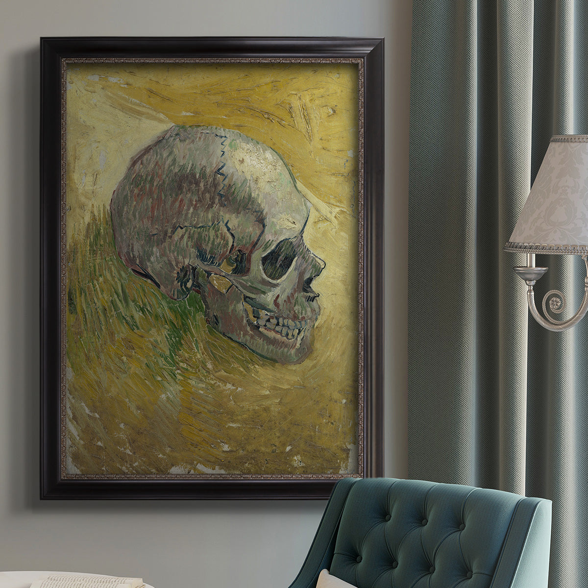 Profile skull study artwork by Vincent van Gogh in an {frame_style_descriptor} displayed in a neutral interior setting.