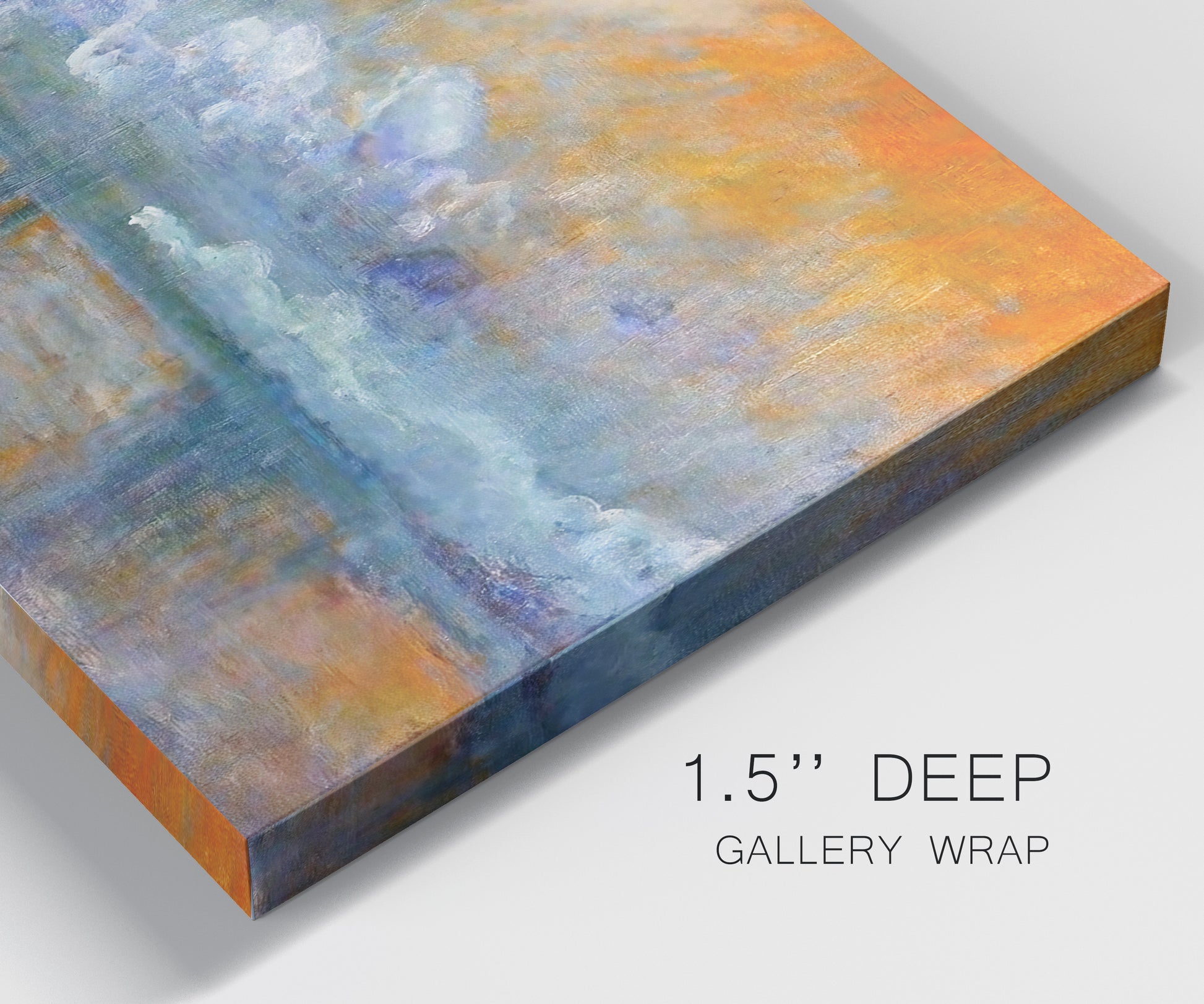 Close-up view of wrapped canvas corner featuring bridge shrouded in fog and smoke.