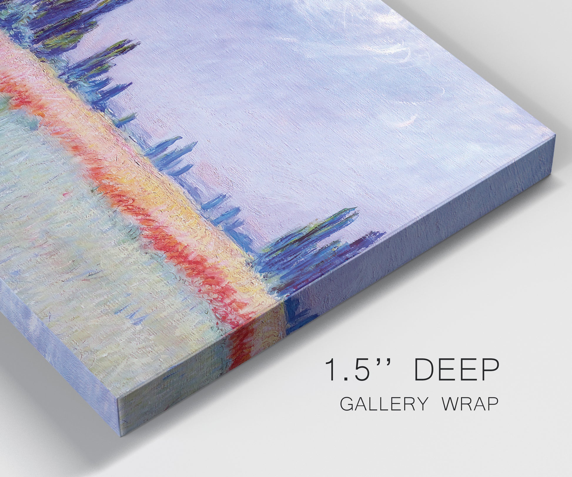 Close-up view of wrapped canvas corner featuring flowering field with poppies.